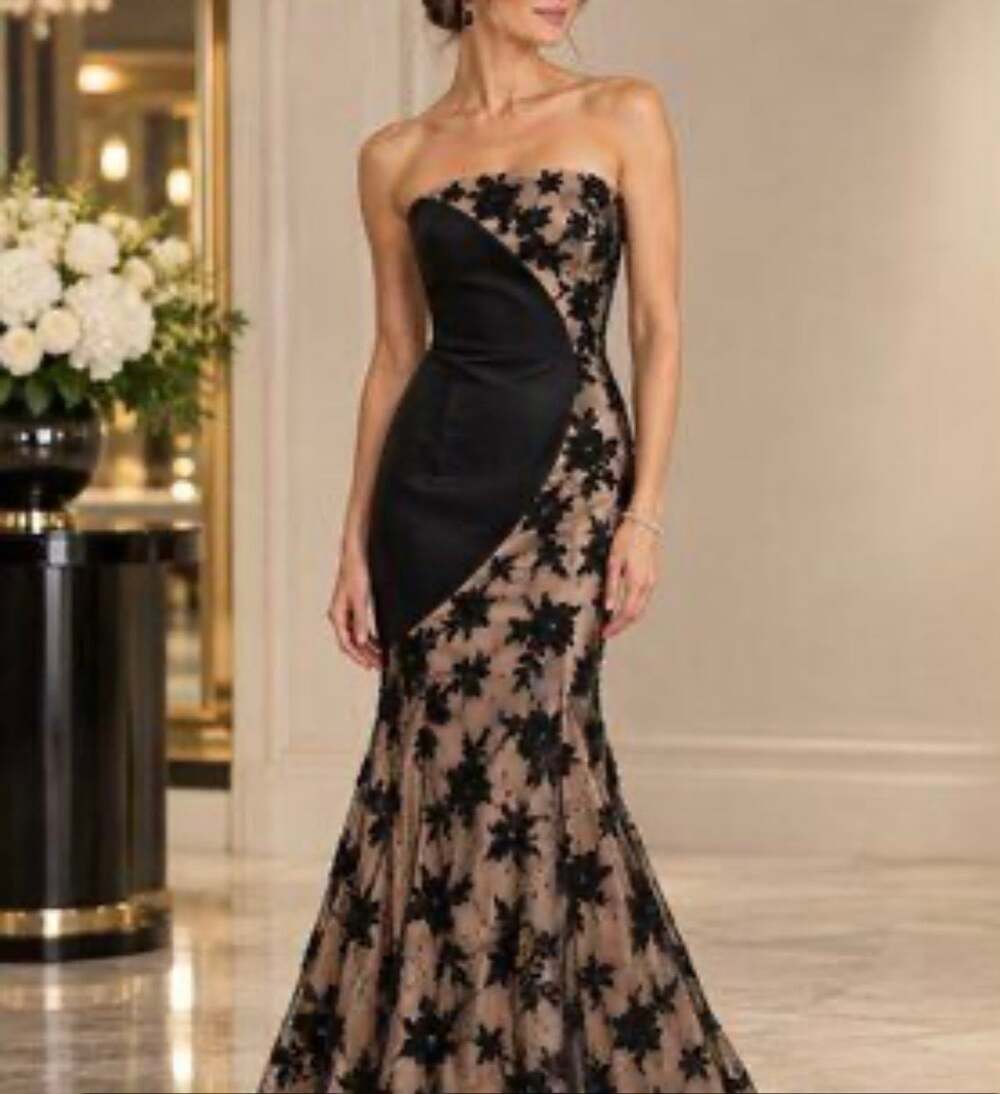 RARE CACHÉ Black Satin & Nude Illusion Lace Mermaid Gown Strapless w/Sequin